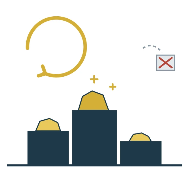 Three pedestals holding gold nuggets ranked first, second and third, with a discarded item set aside.