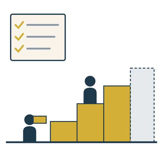 People building a staircase of blocks beside a checklist of completed items.