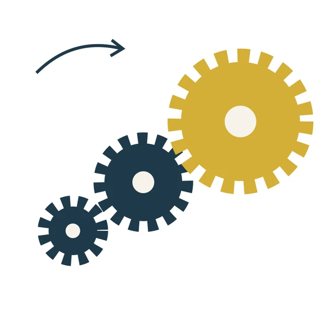 A small gear turning progressively larger gears.
