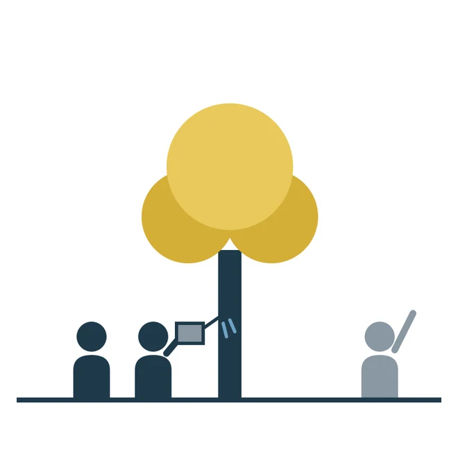 A team tending a growing tree while the adviser waves from a distance.